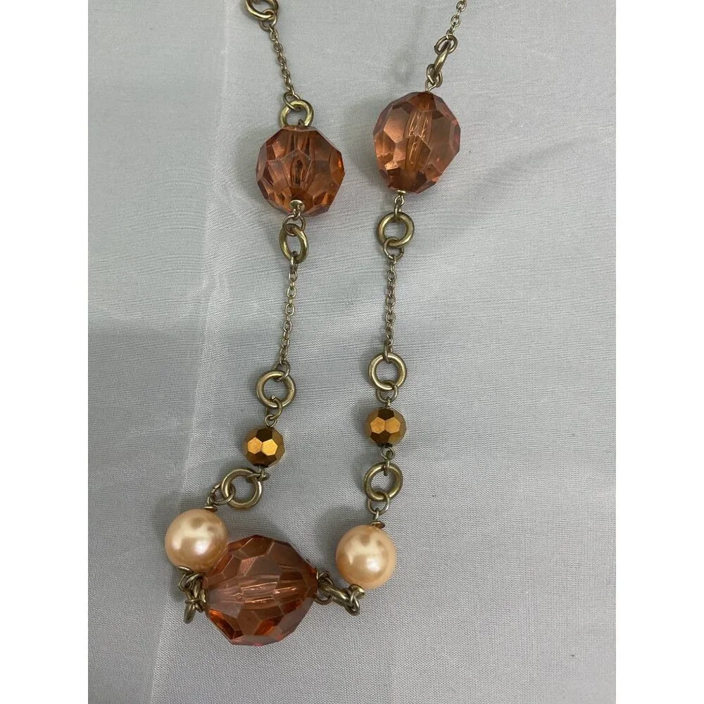 Long Beaded Necklace With Large Amber Colored & Pearl-Like Beads